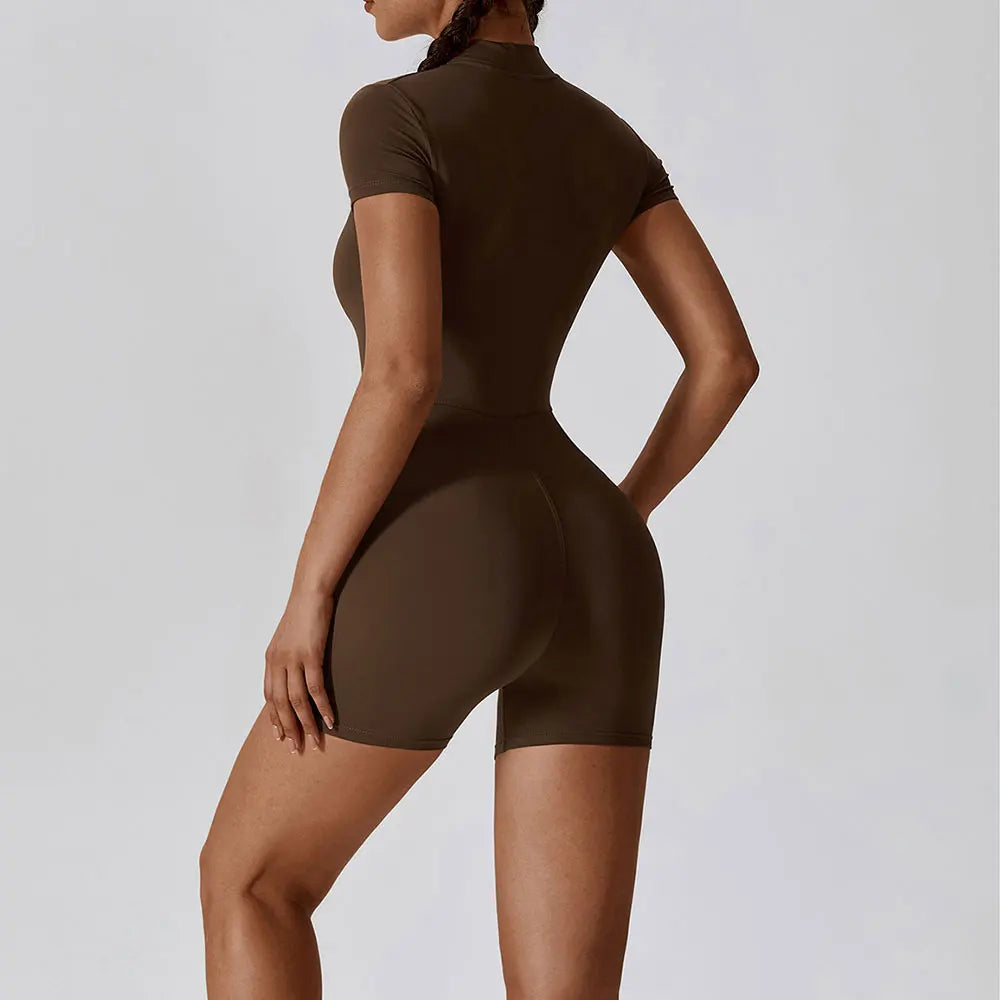 Women’s Short Zipper Yoga Bodysuit – breathable, quick-dry, and anti-wrinkle activewear for fitness and yoga."