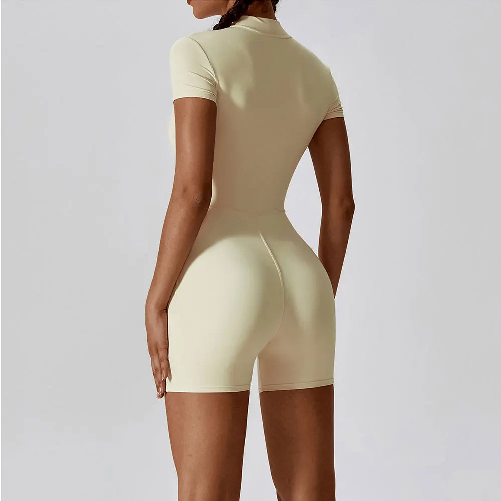 Women’s Short Zipper Yoga Bodysuit – breathable, quick-dry, and anti-wrinkle activewear for fitness and yoga."