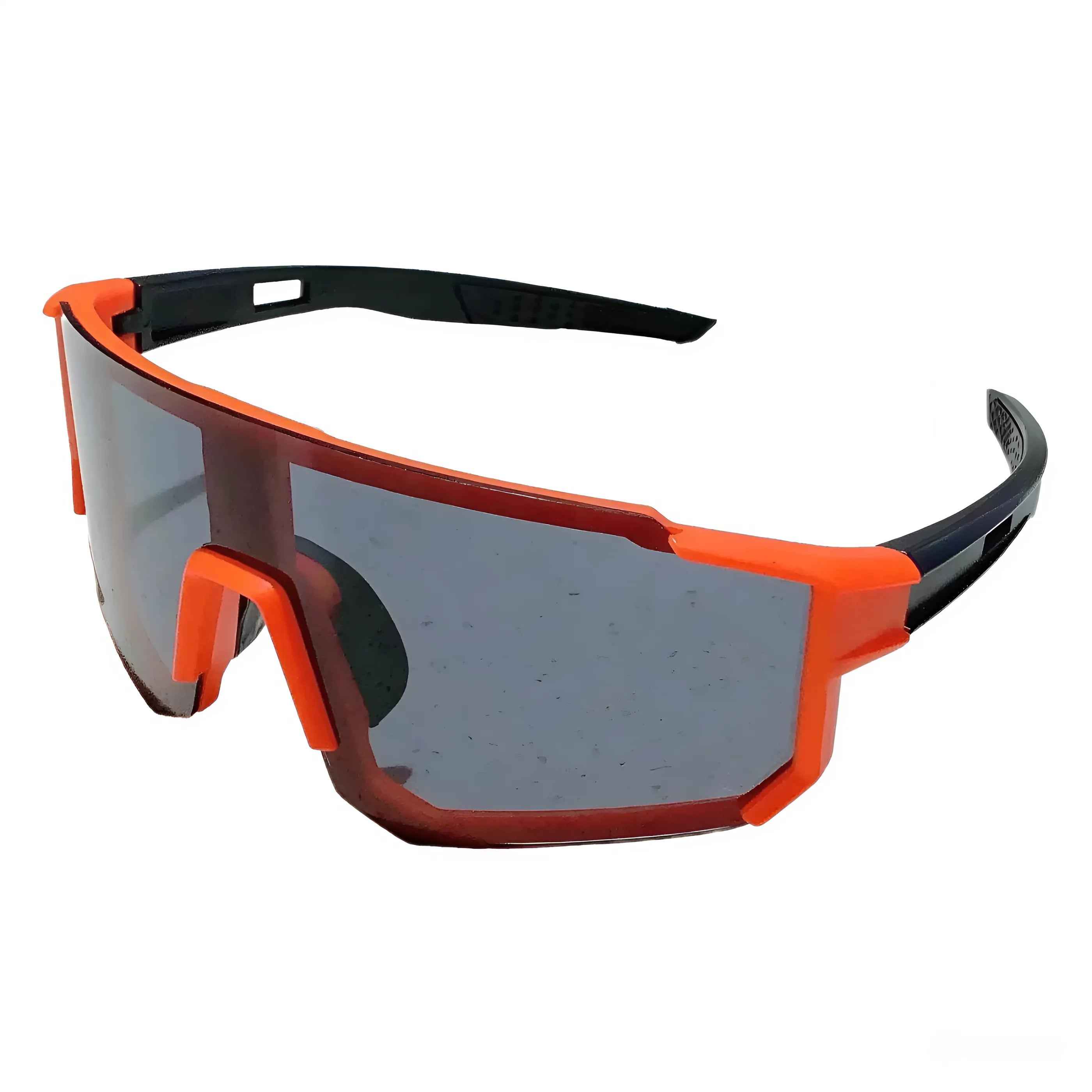 Orange frame cycling sunglasses with clear lenses, side view