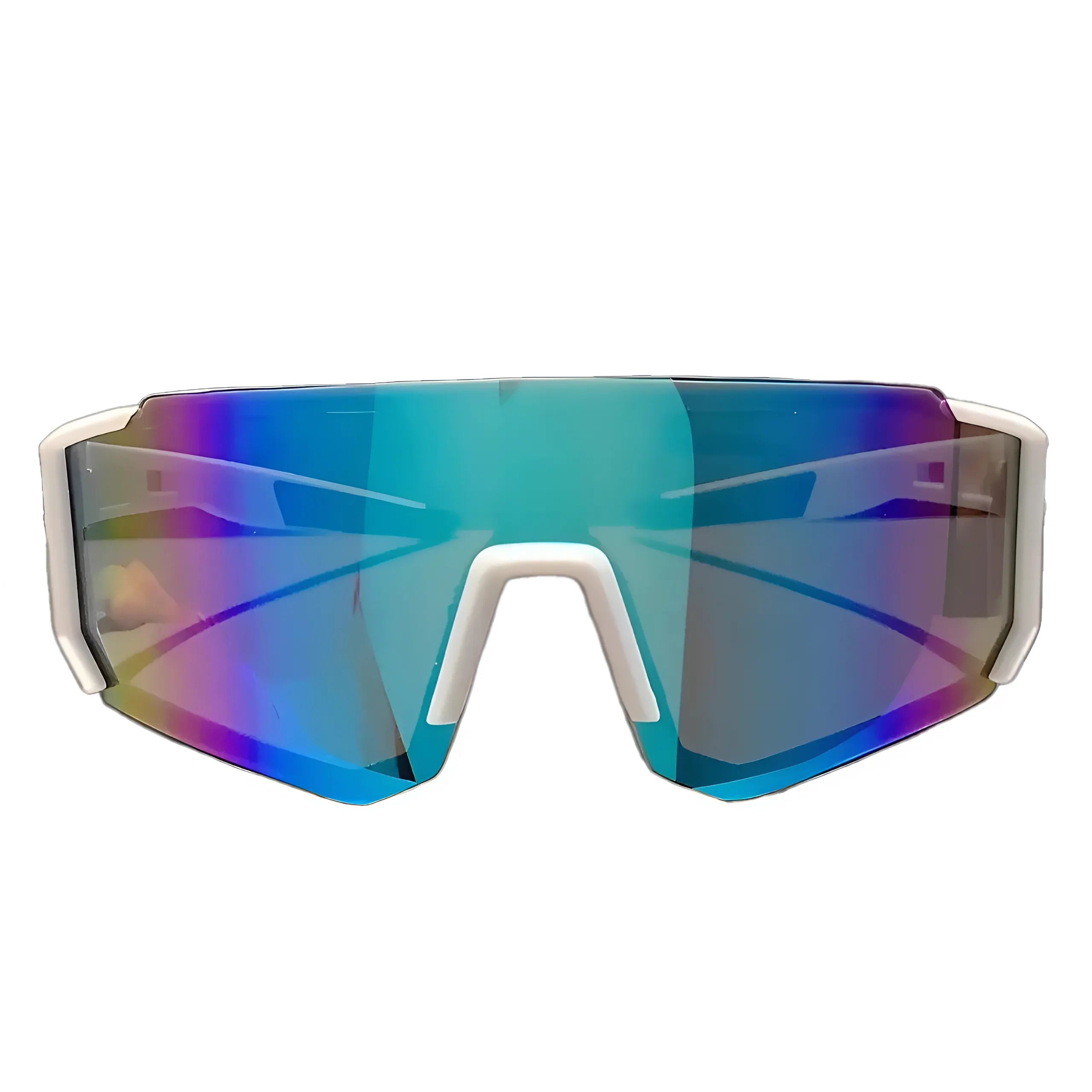 White frame cycling sunglasses with rainbow reflective lenses, front view