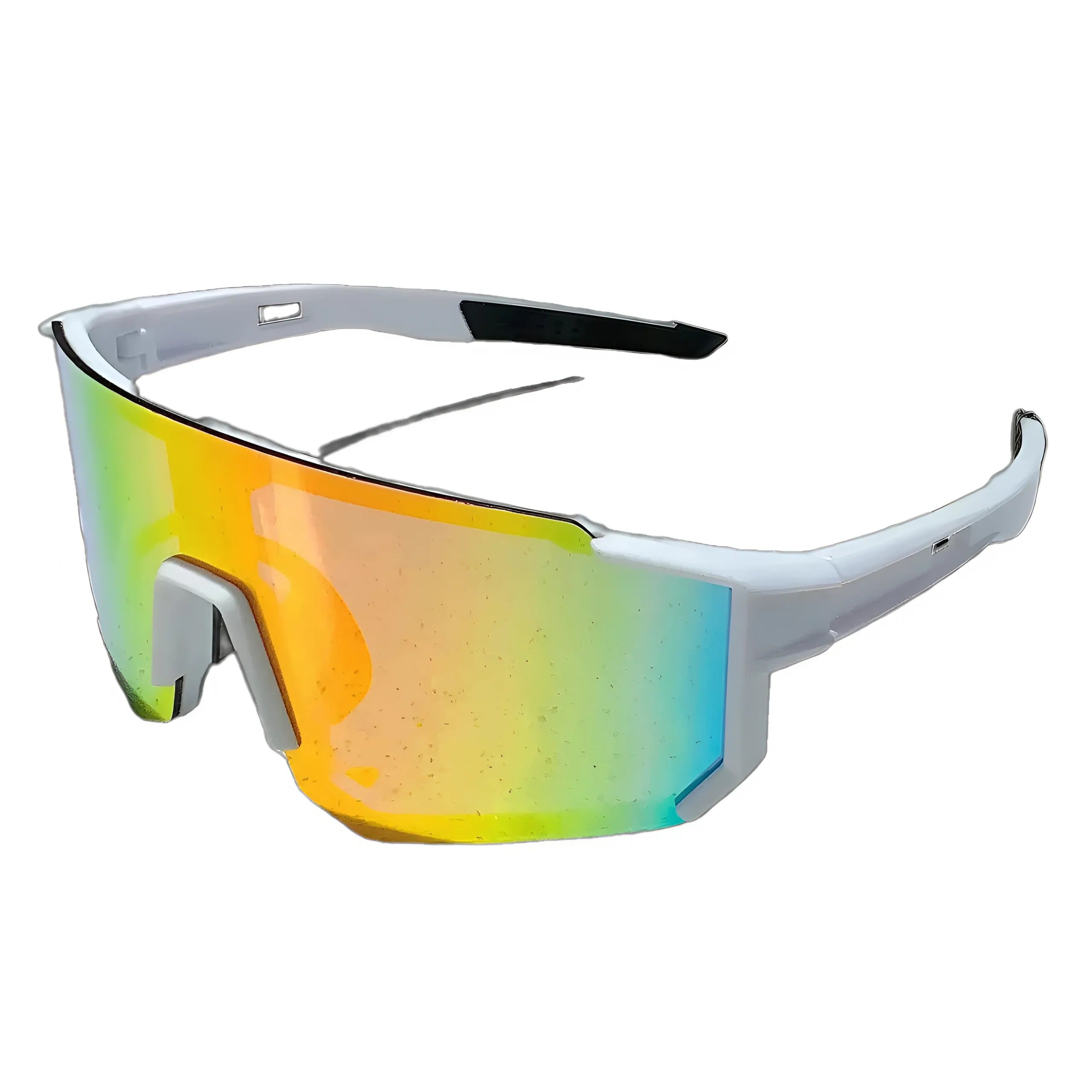 White frame cycling sunglasses with rainbow reflective lenses, angled side view.