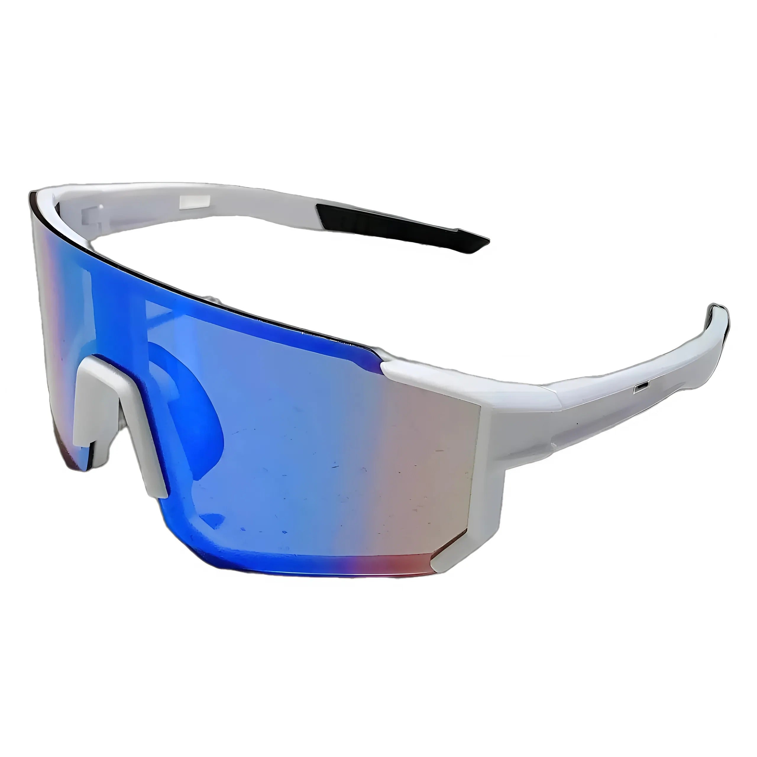 White frame cycling sunglasses with blue reflective lenses, side view