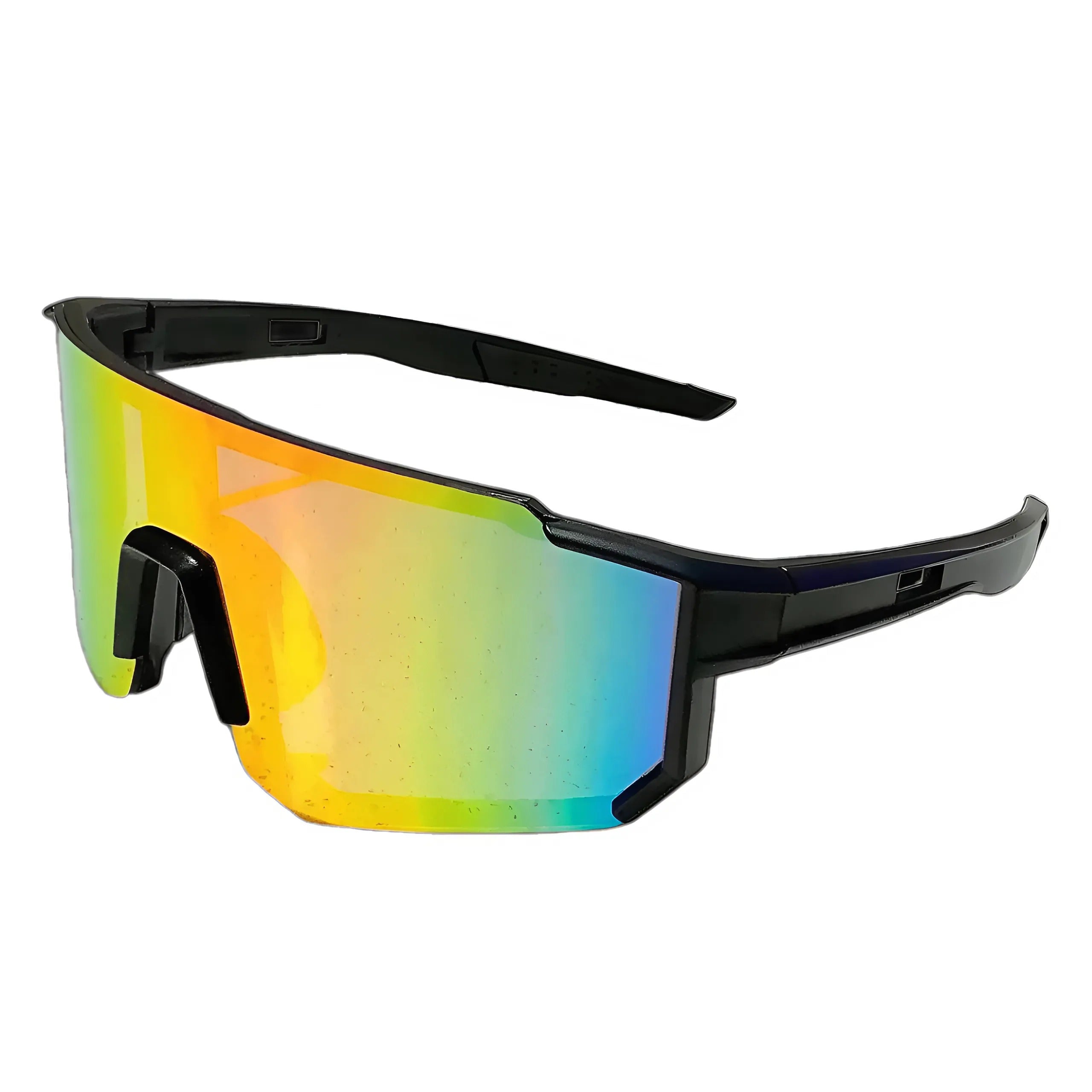 Black cycling sunglasses with yellow and red reflective lenses, side view